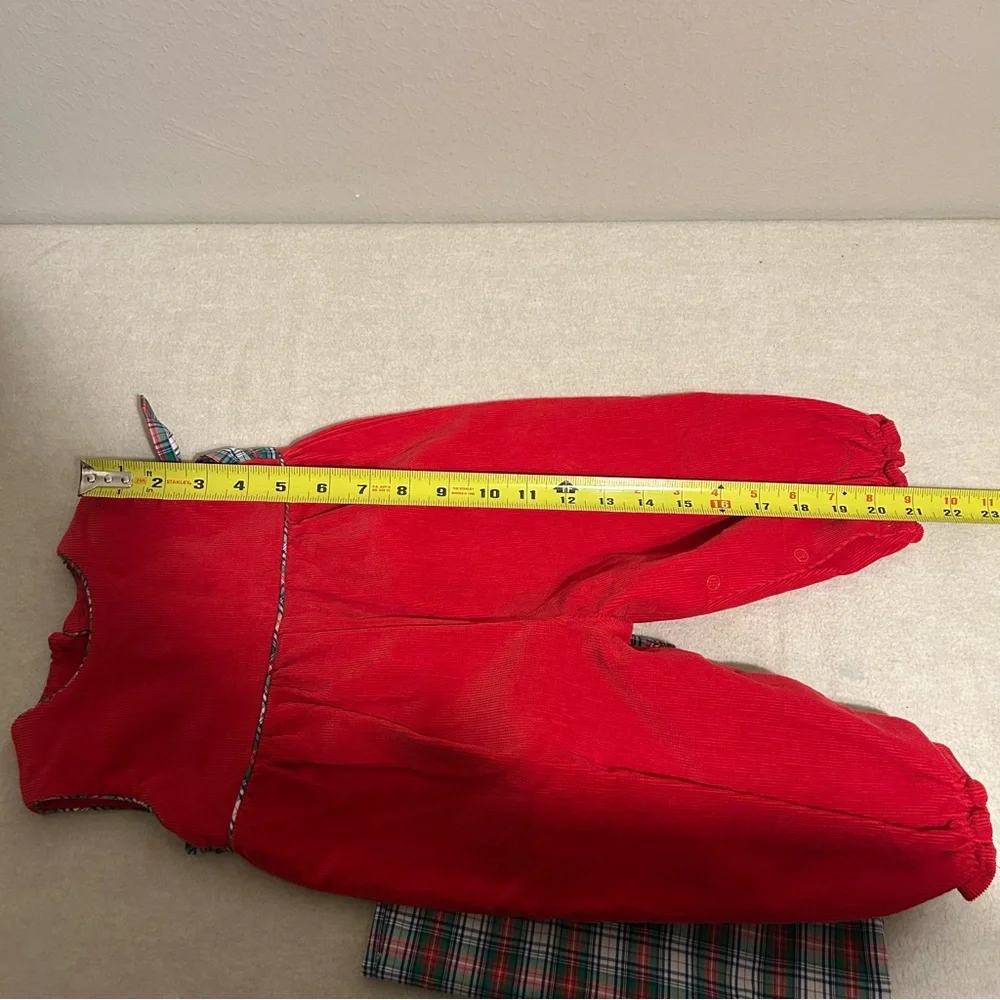 The BEAUFORT BONNET COMPANY RED CORDUROY ROMPER Prestonwood Plaid Set SIZE 0-6 M